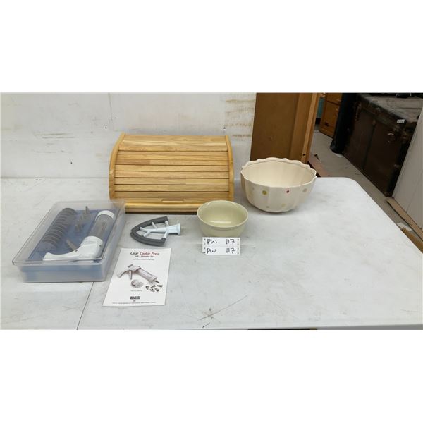 Kuhn Rikon Clear Cookie Press with Decorating Tips, Wooden Bread Bin, Two Ceramic Mixing Bowls