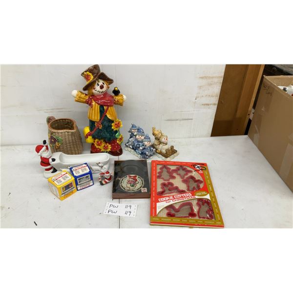 Ceramic Scarecrow Figurine, Basket Pitcher, Santa Sleigh Dish, Snowman Figurines & Cookie Cutters