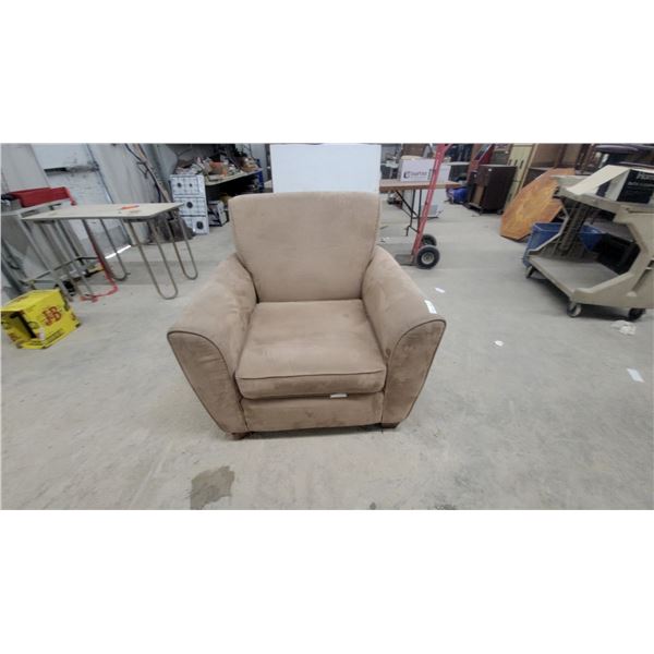 Tan/Beige Microfiber Upholstered Armchair with Curved Arms and Back Cushion