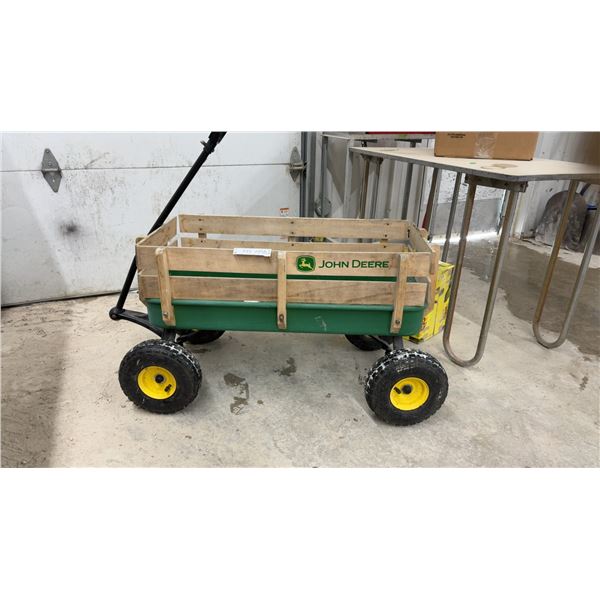 John Deere Steel Wagon with Wooden Side Rails and Pneumatic Tires with Yellow Rims
