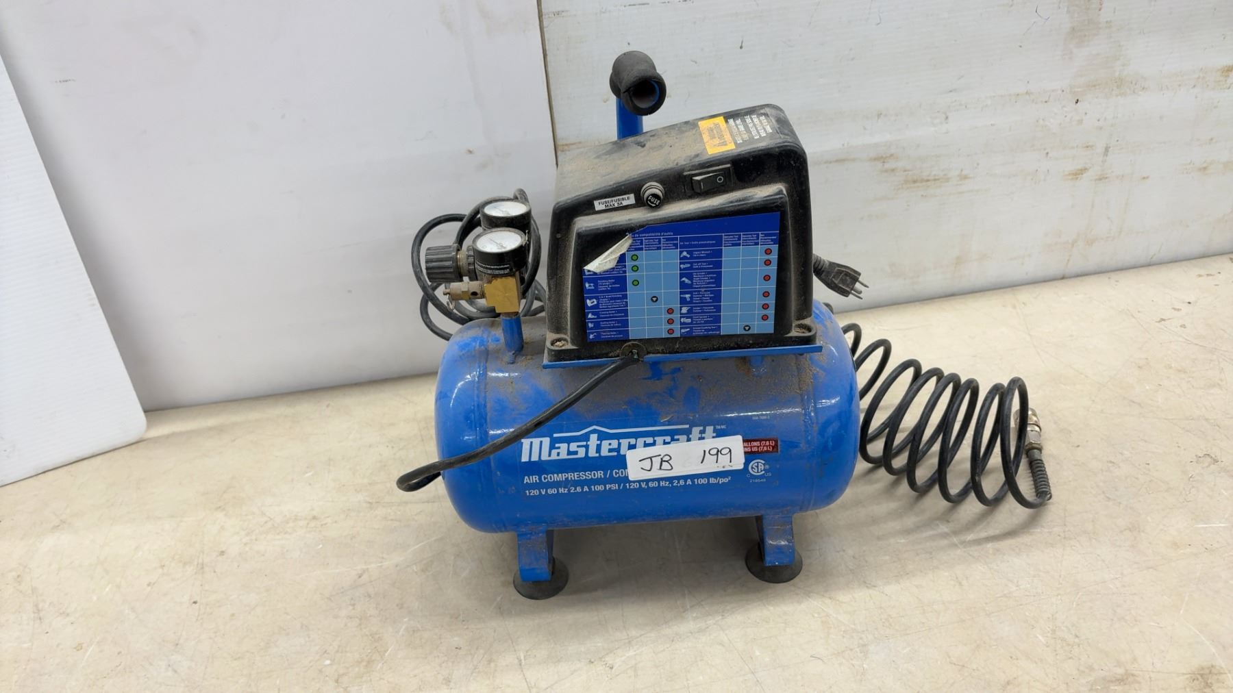Mastercraft Air Compressor, 120V 60Hz 2.6A 100 PSI, 2 Gallon Tank with ...
