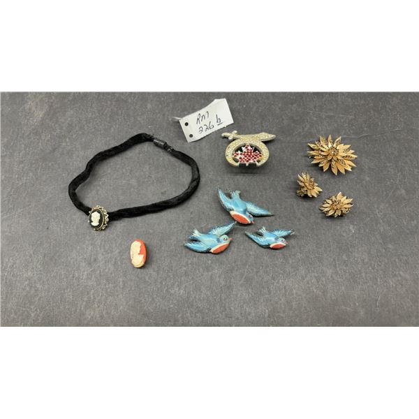 Vintage Costume Jewelry Lot: Cameo Choker, Leather Bluebird Brooches, Avon Floral Brooch Set
