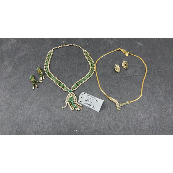 Vintage Rhinestone Jewelry Set with Green and Clear Stones: Necklace & Earrings