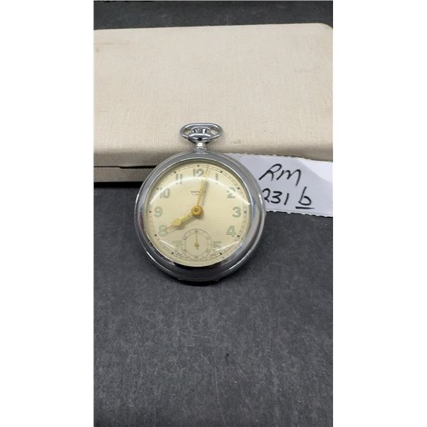 Sheffield 7 Jewels Swiss Made Pocket Watch by Bader & Hafner, Chrome Case, Sub-Second Dial, (Needs