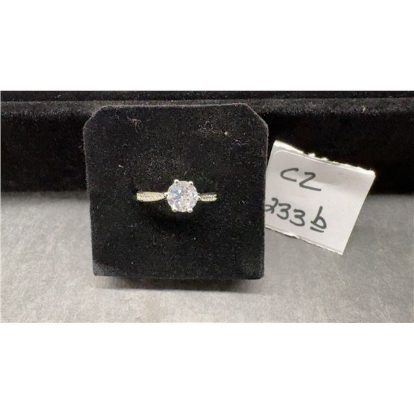 New Platinum Plated 1.0K Simulated Diamond (CZ ) Solitaire Ring with Pavé Band, Round Cut Center