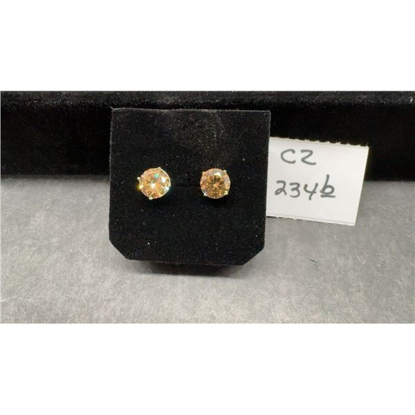 New Platinum Plated 2.0 Ct Each Champagne Simulated Diamond (CZ) Stud Earrings, Round Cut