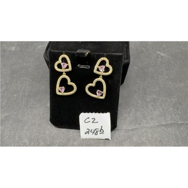 New 14K Gold Plated 1.0tcw Each Heart Cut Pink Simulated Diamond (CZ) Heart Dangle Earrings