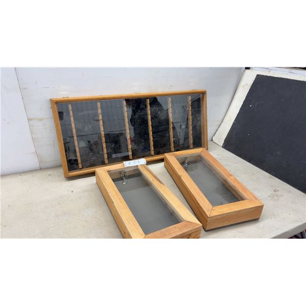 Wooden Display Cases with Glass Lids, 2 @ 18 1/2 x 9 x 3" & 32 x 14 x 2 1/4"
