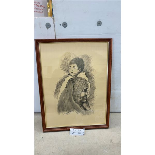 Don LaForte "Mother and Child" 1969 Signed Ink Drawing, Framed, Canadian First Nation Artist 25 1/2