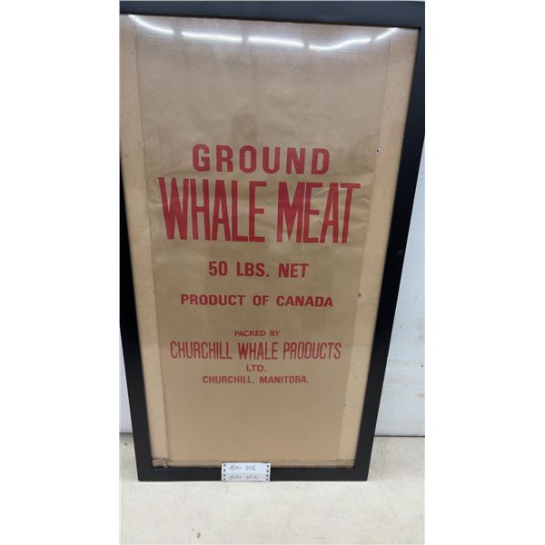 Framed Churchill Whale Products Ltd. Ground Whale Meat 50 Lb Bag, C.1968, Churchill Manitoba