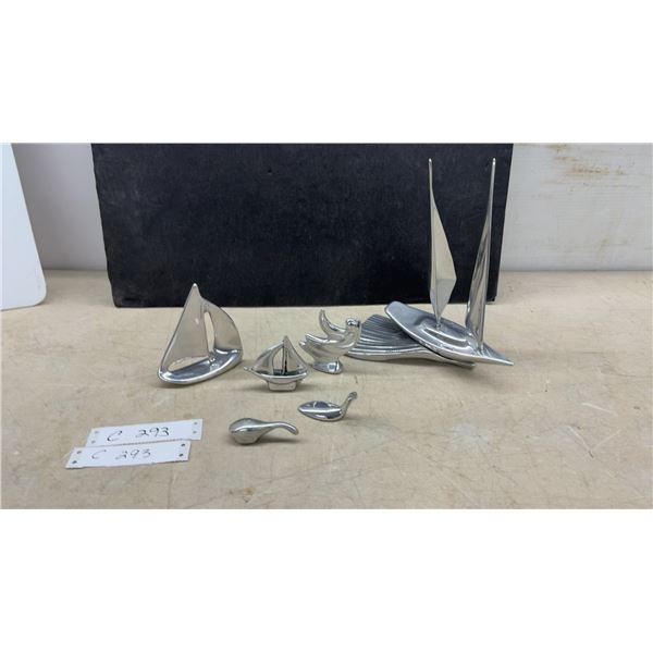 Polished Aluminum Nautical Figurine Collection - Sailboats, Whale, and Ghost Figures (6 Pieces)