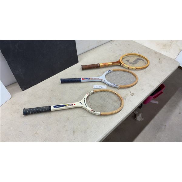 Lot of 3 Vintage Wooden Tennis Rackets - Spalding Davis Cup, Slazenger Jupiter, Junior Pro