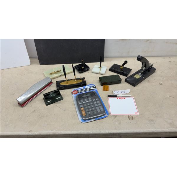 Office Supplies Lot: Heavy-Duty Stapler, Hole Punches, Pen Stands, Solar Calculator, Notepad and