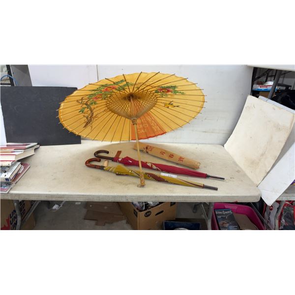 Chinese Paper Parasol with Floral Design and 2 Fabric Umbrellas with Curved Handles,New with Tags