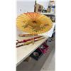 Image 4 : Chinese Paper Parasol with Floral Design and 2 Fabric Umbrellas with Curved Handles,New with Tags