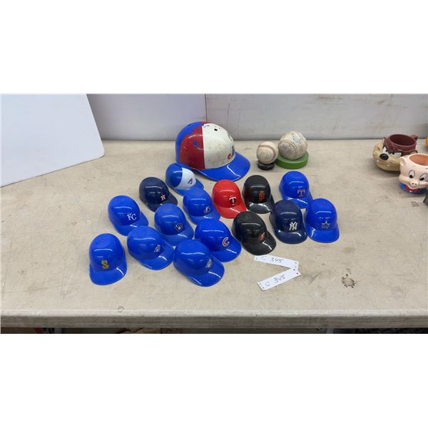 Collection of MLB Mini Batting Helmets (14), Various Teams, 2 Baseballs, Blue Jays Bank & Youth
