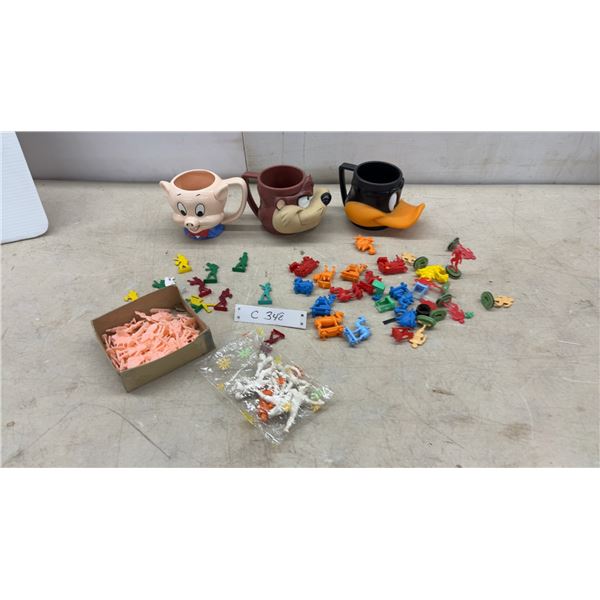 Looney Tunes Character Mugs (Porky Pig, Taz, Daffy Duck) with Vintage Plastic Figurines Lot