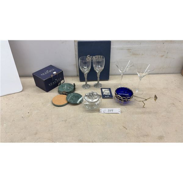 Seagull Pewter Collection: Wine Glasses, Marble Coasters Set, Jam Jar, Martini Glasses & Blue Dish