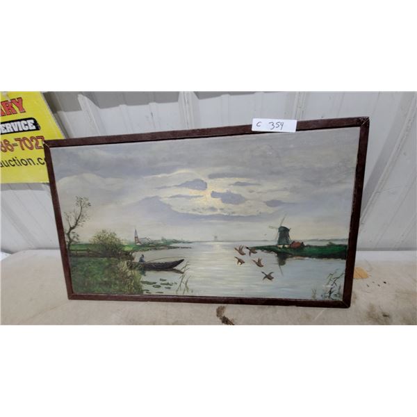 Oil Painting,on Canvass Dutch Landscape with Windmills, Waterfowl, Boat and Figure, Framed