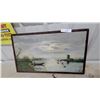 Image 1 : Oil Painting,on Canvass Dutch Landscape with Windmills, Waterfowl, Boat and Figure, Framed