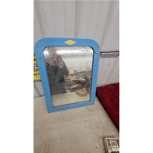 Vintage Blue Painted Wood Framed Wall Mirror with Yellow Diamond Accent 19.6 x 25.6"