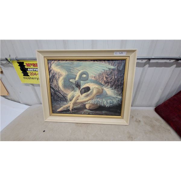 Framed Oil Painting, Ballerina with Swan, Signed, Cream/Gold Frame 30 x 24"