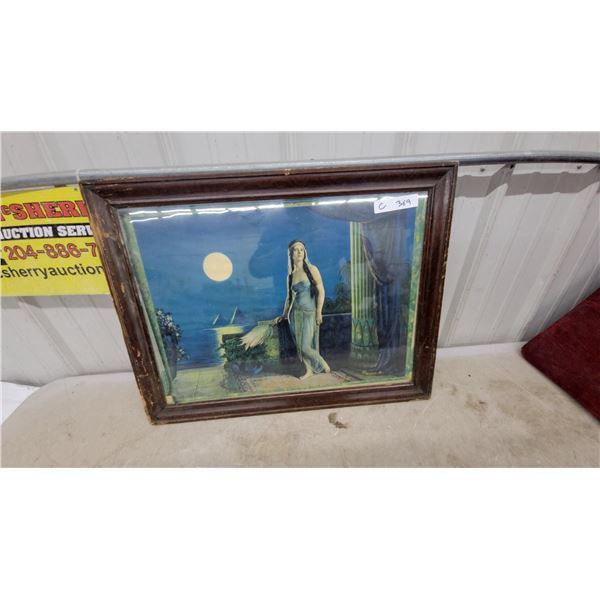 Vintage Framed Print "Cleopatra" Egyptian Scene with Pyramids & Moon, Wood Frame 21 x 27"