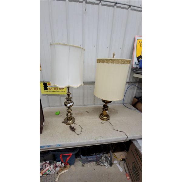 Brass Table Lamps (2) with Fabric Shades - Traditional Stacked Ball & Column Designs