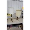 Image 1 : Brass Table Lamps (2) with Fabric Shades - Traditional Stacked Ball & Column Designs