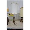 Image 4 : Brass Table Lamps (2) with Fabric Shades - Traditional Stacked Ball & Column Designs