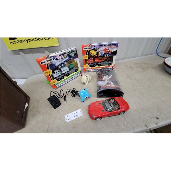 Matchbox Magna Wheels Sets (2), Red Toy Car, Karate Elvis Figure, Robot Dog Toys w/Charger