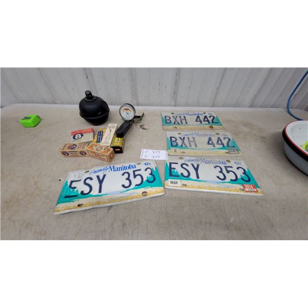 Manitoba License Plates (4), King Cell Tester, Vintage Lamp Bulbs & Auto Accessories Lot