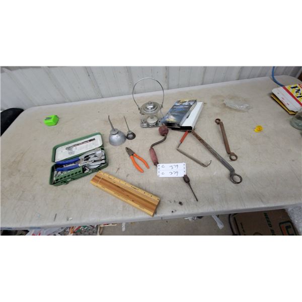 Metal Round Hole Power Punch Set, Singer Oil Can, Hand Drill, Pliers, Wrenches, Ski-Doo VHS Tapes