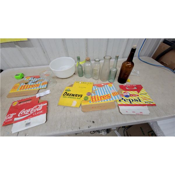 Vintage Soda Bottle Carriers (Coca-Cola, Pepsi, Hires, Drewrys) with Assorted Antique Glass Bottles