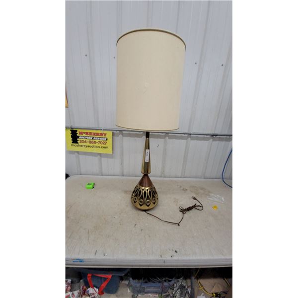 Mid-Century Modern Brass & Walnut Table Lamp with Pierced Base and Drum Shade