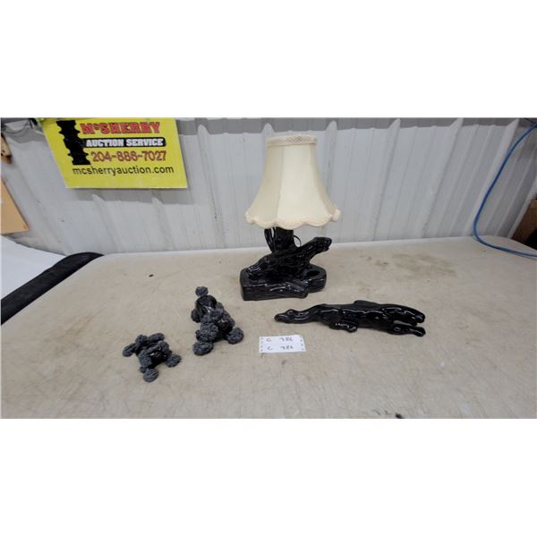 Black Ceramic Panther Tv Lamp with Shade & 2 Spaghetti Poodle Figurines