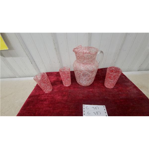 Vintage Spaghetti String Glass Pitcher Set with 3 Tumblers, Red/White Drizzle Pattern