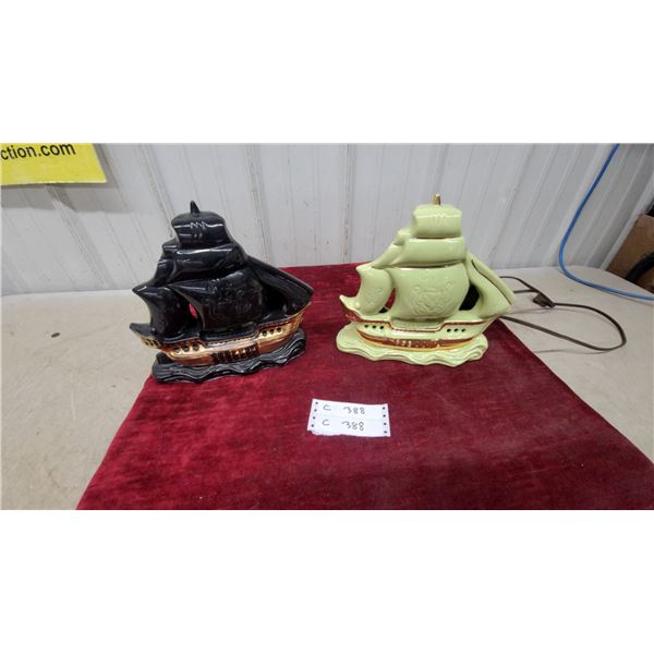 Pair of Ceramic Sailing Ship Tv Lamps with Gold Trim Accents, One Black and One Pale Green Vintage