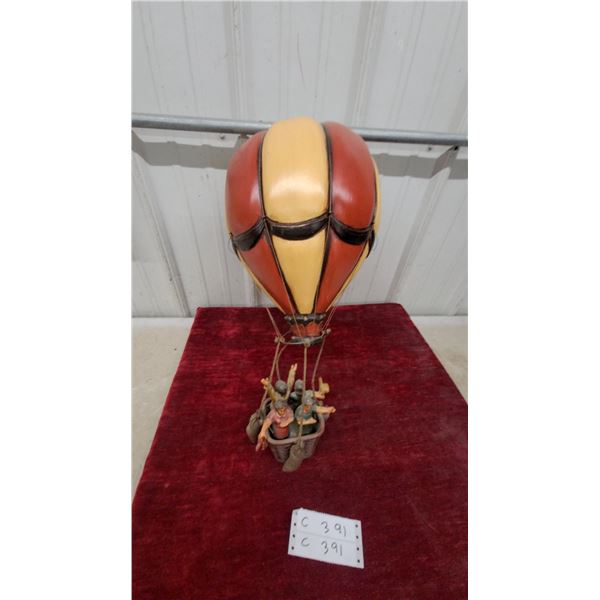 Decorative Hot Air Balloon Figurine with Passengers in Wicker Basket, Orange/Yellow Striped Design