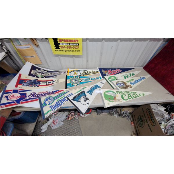 Collection of Vintage Sports Pennants - MLB, NFL, NBA Teams Including Rangers, Sox, Eagles 22x