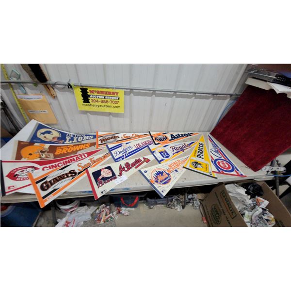 Vintage Sports Pennant Collection - MLB & NFL Teams Including Mets, Cubs, Dodgers, Browns, Lions