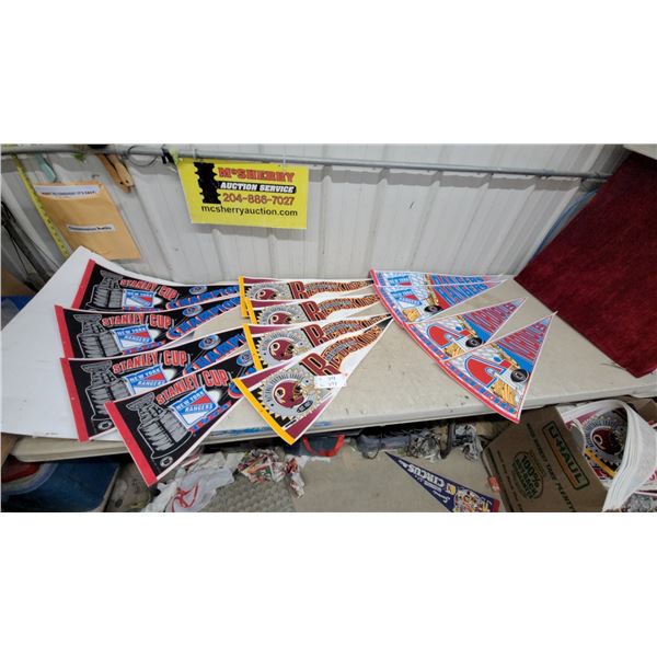 Sports Pennants Lot: Ny Rangers 1994 Stanley Cup, Washington Redskins, Quebec Nordiques, Mn Twins
