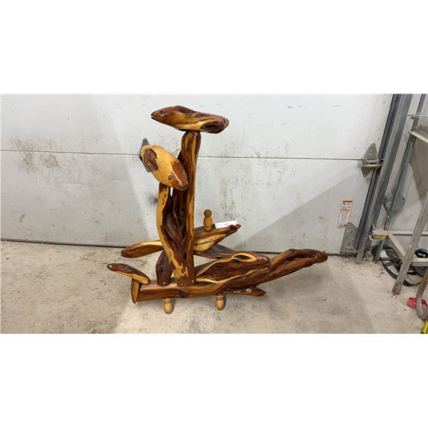 Carved Wooden Sculpture Featuring Multiple Fish Figures, Eels on Natural Wood Base with Turned Feet