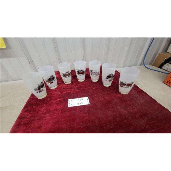Set of 7 Vintage Milk Glass Tumblers with Antique Automobile Designs, Gold Rim Accents