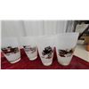 Image 2 : Set of 7 Vintage Milk Glass Tumblers with Antique Automobile Designs, Gold Rim Accents