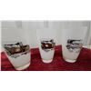 Image 3 : Set of 7 Vintage Milk Glass Tumblers with Antique Automobile Designs, Gold Rim Accents