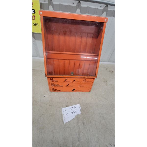 Vintage Orange Metal Paint Brush Display Case with Glass Front - for Oil/Acrylic/Watercolor Brushes