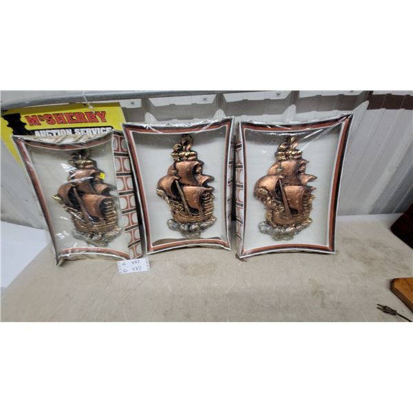 Favor Industries Copper-Tone Sailing Ship Wall Plaques, Set of 3, Winnipeg Canadan.O.S. in Package