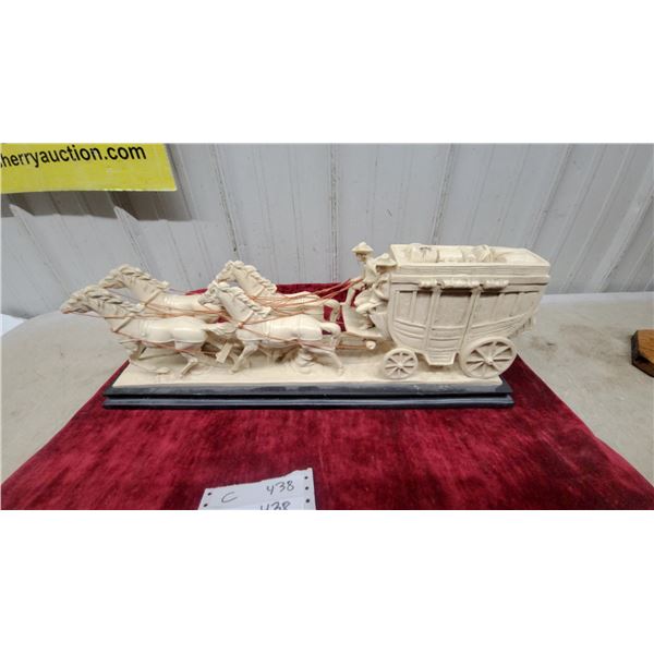 Carved Ivory-Style Stagecoach with Four Horses and Driver on Wooden Base, Decorative Sculpture