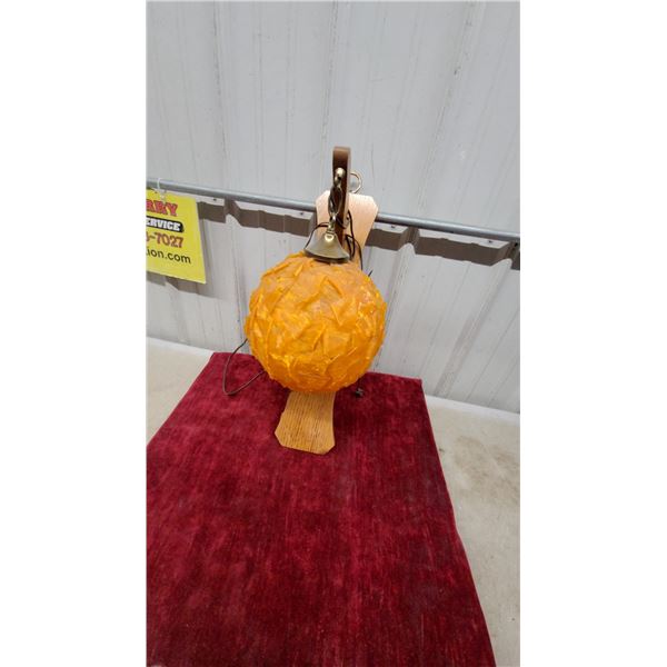 Mid-Century Wood Bracket Table Lamp with Orange Spaghetti/Lucite Globe Shade, Brass Hardware